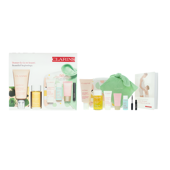 Clarins Beautiful Beginnings Marternity 5 Piece Gift Set: Body Oil 100ml - Body Scrub 30ml - Day Cream 15ml - Legs Emulsion 30ml - Mascara 3ml - Body