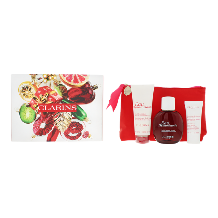 Clarins Eau Dynamisante 3 Piece Gift Set: Eau De Soins 100ml - Body Lotion 100ml - Body Scrub 30ml- Beauty Bag