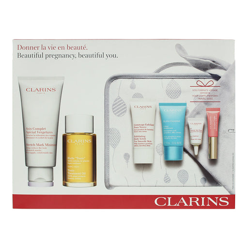 Clarins Beautiful Pregnacy 6 Piece Gift Set: Stretch Mark Minimizer 200ml - Body Oil 100ml - Body Scrub 30ml - Hydra-Essentie Moisturiser 15ml - Eye Contour Gel 3ml - Instant Light Natural Lip Perfector 5ml - 1x Bag - Bathtub Pillows at MyPerfumeShop by CLARINS