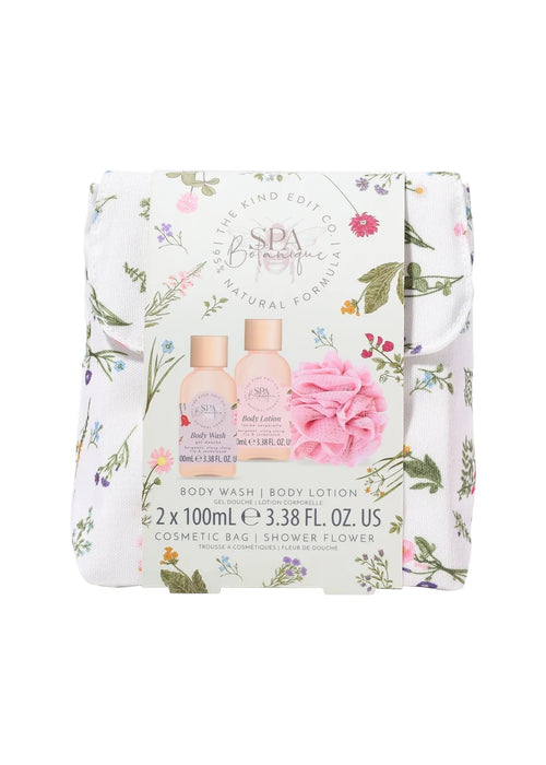 The Kind Edit Co. Spa Botanique Mini Shower Gift Set – 100ml Body Wash, 100ml Body Lotion, Shower Flower, and Canvas Bag