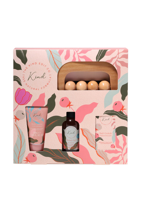 The Kind Edit Co. Discover Spa Sanctuary Gift Set – Body Wash, Body Lotion, Bath Crystals & Massager