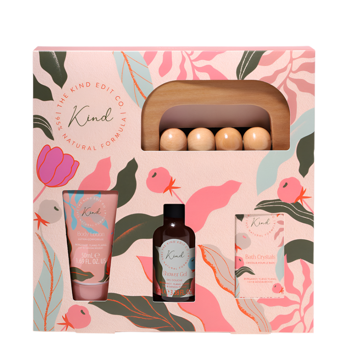 The Kind Edit Co. Discover Spa Sanctuary Gift Set – Body Wash, Body Lotion, Bath Crystals & Massager