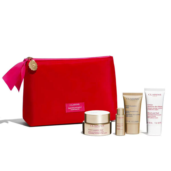 Clarins Nutri-Lumière Gift Set 50ml Day Cream + 15ml Night Cream + Cryo-Flash Cream Mask + 10ml Treatment Essence + Bag