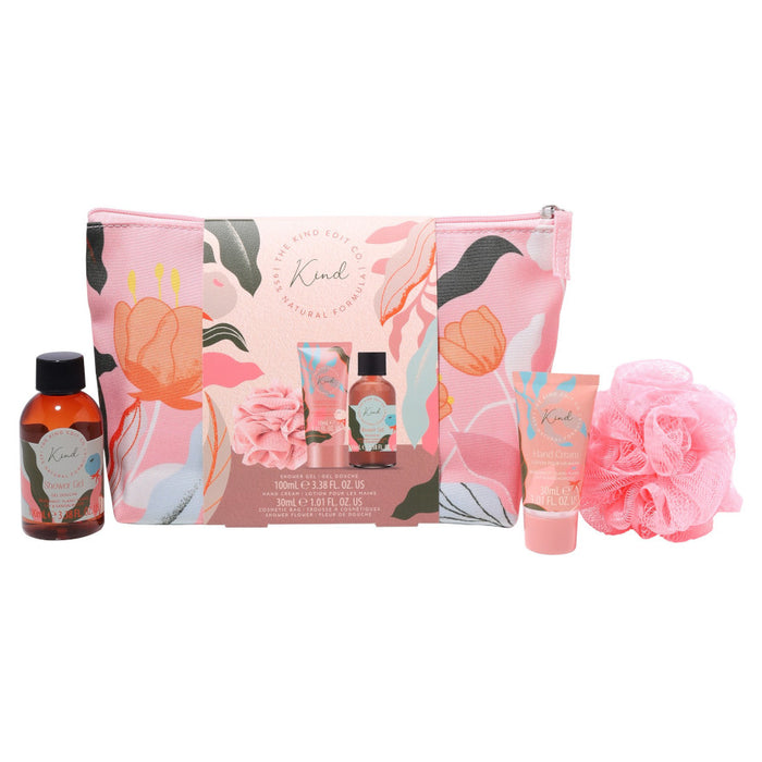 The Kind Edit Co. Gift Set – Cosmetic Bag, 100ml Shower Gel, 30ml Hand Cream & Shower Flower