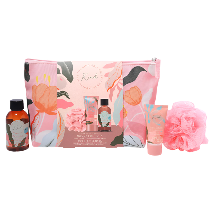 The Kind Edit Co. Gift Set – Cosmetic Bag, 100ml Shower Gel, 30ml Hand Cream & Shower Flower