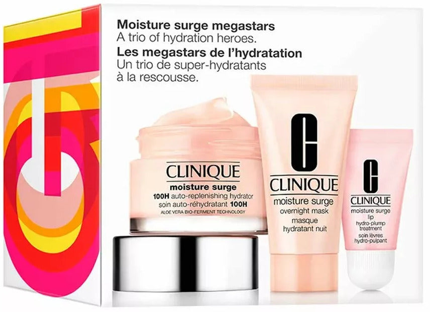 Clinique Moisture Surge Megastars Gift Set 50ml 100H Auto-Replenishing Hydrator + 30ml Overnight Mask + 7ml Lip Hydro-Plump Treatment - Skincare at MyPerfumeShop by Clinique