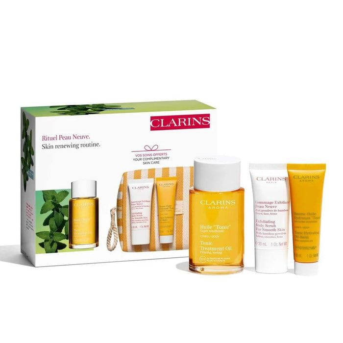 Clarins Skin Renewing Routine Gift Set 100ml Aroma Tonic Treatment Firming Body Oil + 30ml Exfoliating Body Scrub + 30ml Tonic Hydrating Oil-Balm + Toiletry Bag - Body Moisturisers at MyPerfumeShop by Clarins