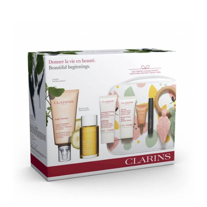 Clarins Beautiful Beginnings Maternity Bag 6 Piece Gift Set: Stretch Mark Expert 175ml - Body Oil 100ml - Body Scrub 30ml - Flash Balm 15ml- Eye Cream 3ml - Mascara 3ml - Lotions at MyPerfumeShop by Clarins