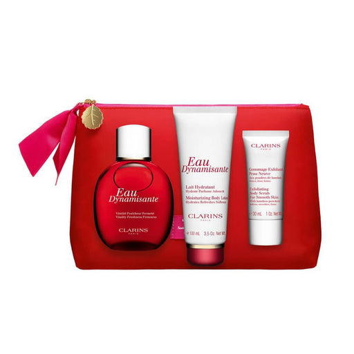 Clarins Eau Dynamisante 3 Piece Gift Set: Eau De Soins 100ml - Body Lotion 100ml - Body Scrub 30ml- Beauty Bag - Sets at MyPerfumeShop by Clarins