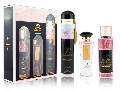 Ard Al Zaafaran Rose Paris Night 3 Piece Gift Set: Eau De Parfum 100ml - Perfume Mist 250ml - Air Freshener 300ml