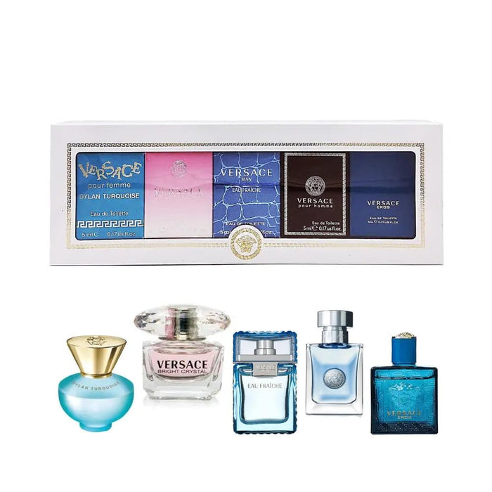 Versace Miniatures Gift Set 5ml Dylan Turquoise EDT + 5ml Bright Crystal EDT + 5ml Eau Fraiche EDT + 5ml Pour Homme EDT + 5ml Eros EDT - For Her at MyPerfumeShop by Versace