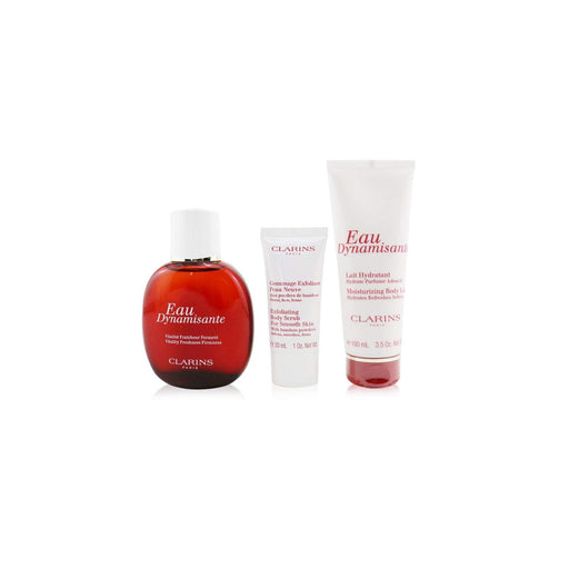 Clarins Eau Dynamisante Gift Set 100ml Eau Dynamisante + 30ml Exfoliating Body Scrub + 100ml Moisturizing Body Lotion + Toiletry Bag - Fragrance at MyPerfumeShop by Clarins