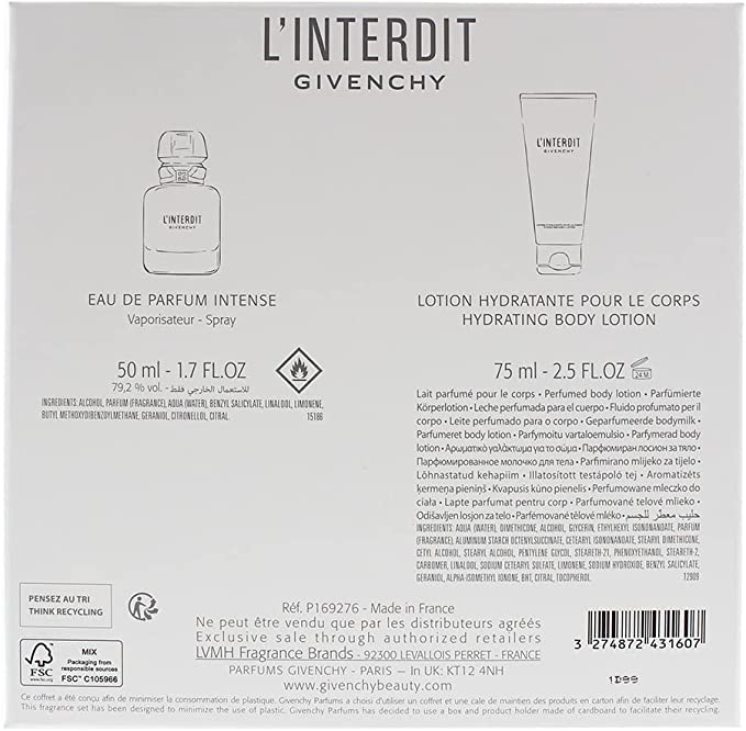 Givenchy L'interdit 2 Piece Gift Set: Eau De Toilette 50ml - Body Lotion 75ml - Gift Set at MyPerfumeShop by Givenchy