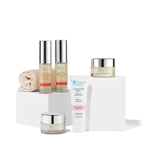 The Organic Pharmacy Rejuvenating Skincare Gift Set 10ml Antioxidant Cleansing Jelly + 10ml Enzyme Peel Mask + 10ml Rose Plus Age Renewal + 5ml Rose Plus Collagen Complex + 5ml Rose Plus Brightening Lotion + Organic Muslin Cloth - Sets & Kits at MyPerfumeShop by The Organic Pharmacy