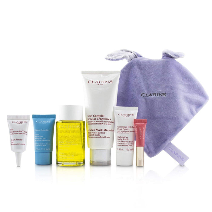 Clarins Beautiful Pregnacy 6 Piece Gift Set: Stretch Mark Minimizer 200ml - Body Oil 100ml - Body Scrub 30ml - Hydra-Essentie Moisturiser 15ml - Eye Contour Gel 3ml - Instant Light Natural Lip Perfector 5ml - 1x Bag - Bathtub Pillows at MyPerfumeShop by CLARINS