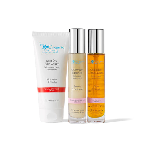 The Organic Pharmacy Moisture & Glow Skincare Kit 3 Pieces (This set contains:  1x 100ml Ultra Dry Skin cream 1x 35ml Antioxidant Face Gel 1x 35ml Antioxidant Face Serum) - Sets & Kits at MyPerfumeShop by The Organic Pharmacy