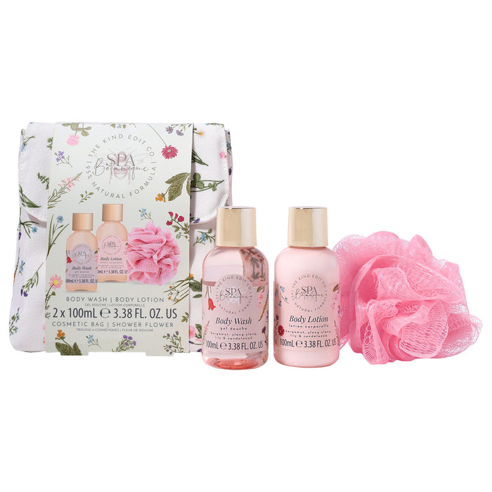 The Kind Edit Co. Spa Botanique Mini Shower Gift Set – 100ml Body Wash, 100ml Body Lotion, Shower Flower, and Canvas Bag