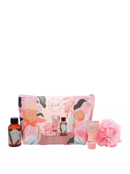 The Kind Edit Co. Gift Set – Cosmetic Bag, 100ml Shower Gel, 30ml Hand Cream & Shower Flower