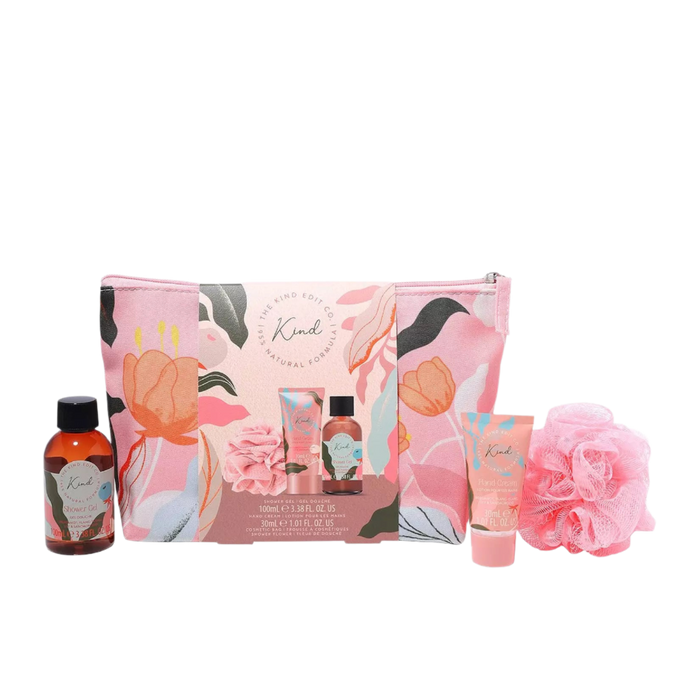 The Kind Edit Co. Gift Set – Cosmetic Bag, 100ml Shower Gel, 30ml Hand Cream & Shower Flower