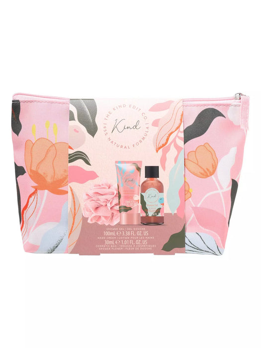 The Kind Edit Co. Gift Set – Cosmetic Bag, 100ml Shower Gel, 30ml Hand Cream & Shower Flower