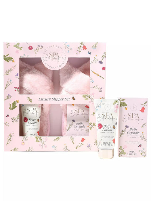 The Kind Edit Co. Spa Botanique Luxury Slipper Gift Set – 110ml Body Wash, 100g Bath Crystals & Slippers