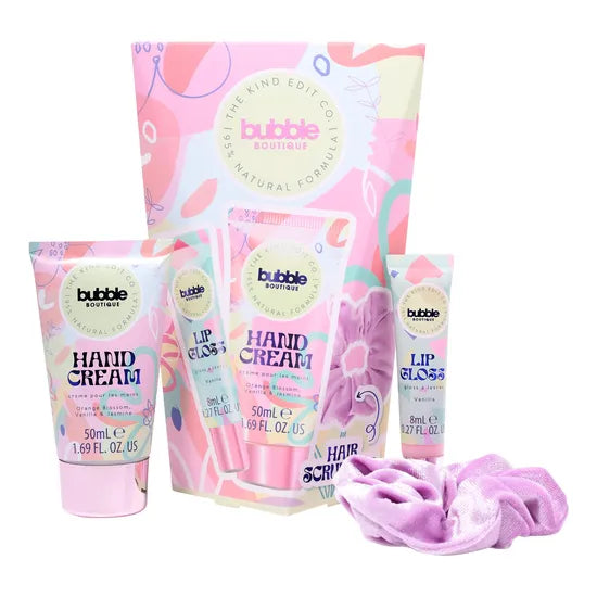 Q-KI Glam Collection Gift Set - Hair Scrunchie, Lip Gloss, & Hand Cream