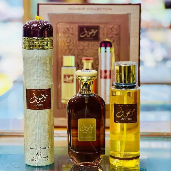 Ard Al Zaafaran Mousuf 3 Piece Gift Set: Eau De Parfum 100ml - Perfume Mist 250ml - Air Freshener 300ml