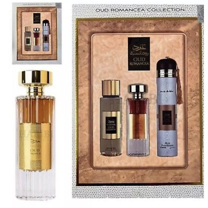 Ard Al Zaafaran Oud Romancea 3 Piece Gift Set: Eau De Parfum 100ml - Perfume Mist 250ml - Air Freshener 300ml