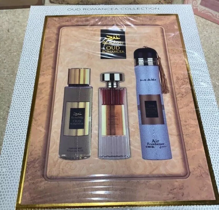 Ard Al Zaafaran Oud Romancea 3 Piece Gift Set: Eau De Parfum 100ml - Perfume Mist 250ml - Air Freshener 300ml