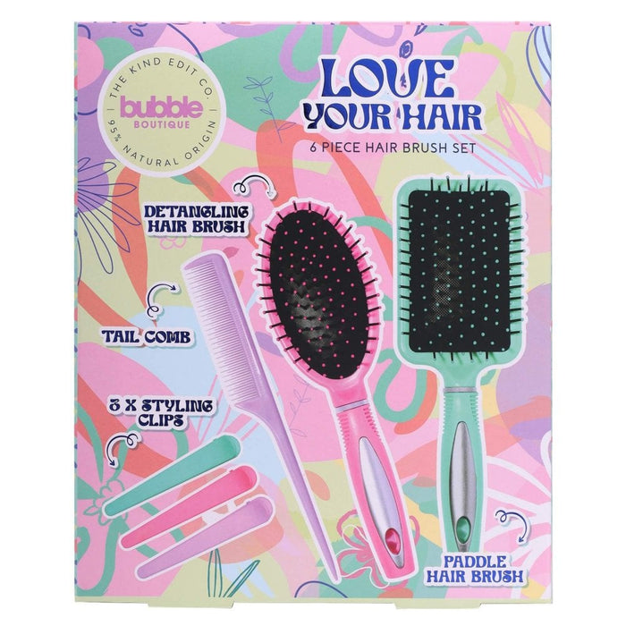 The Kind Edit Co. Bubble Boutique Love Your Hair Hair Brush Gift Set Paddle Hair Brush + Detangling Hair Brush + Tail Comb + 3 x Styling Clips