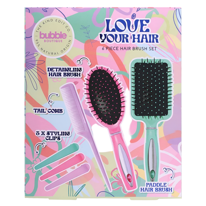 The Kind Edit Co. Bubble Boutique Love Your Hair Hair Brush Gift Set Paddle Hair Brush + Detangling Hair Brush + Tail Comb + 3 x Styling Clips