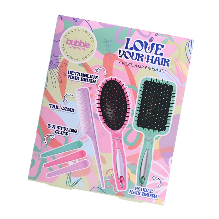 The Kind Edit Co. Bubble Boutique Love Your Hair Hair Brush Gift Set Paddle Hair Brush + Detangling Hair Brush + Tail Comb + 3 x Styling Clips