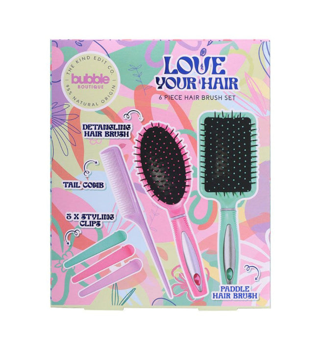 The Kind Edit Co. Bubble Boutique Love Your Hair Hair Brush Gift Set Paddle Hair Brush + Detangling Hair Brush + Tail Comb + 3 x Styling Clips