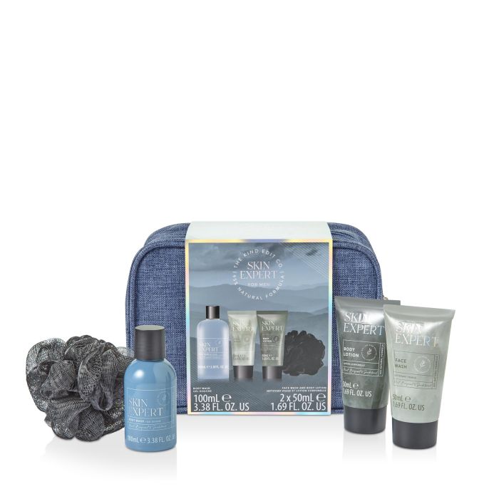 The Kind Edit Co. Skin Expert Travellers Bag Gift Set – 100ml Body Wash, 50ml Body Lotion, 50ml Face Scrub & Shower Flower