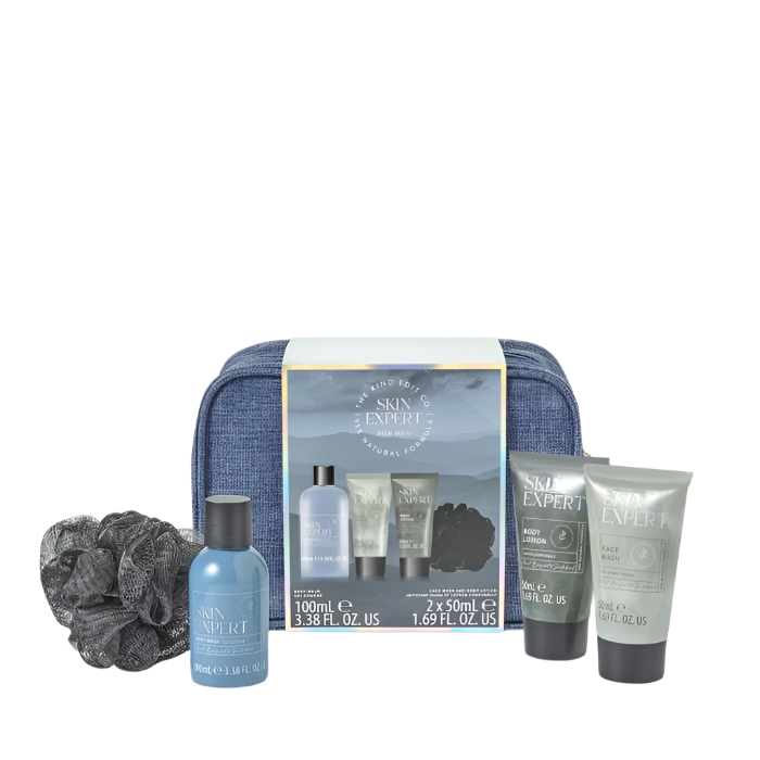 The Kind Edit Co. Skin Expert Travellers Bag Gift Set – 100ml Body Wash, 50ml Body Lotion, 50ml Face Scrub & Shower Flower