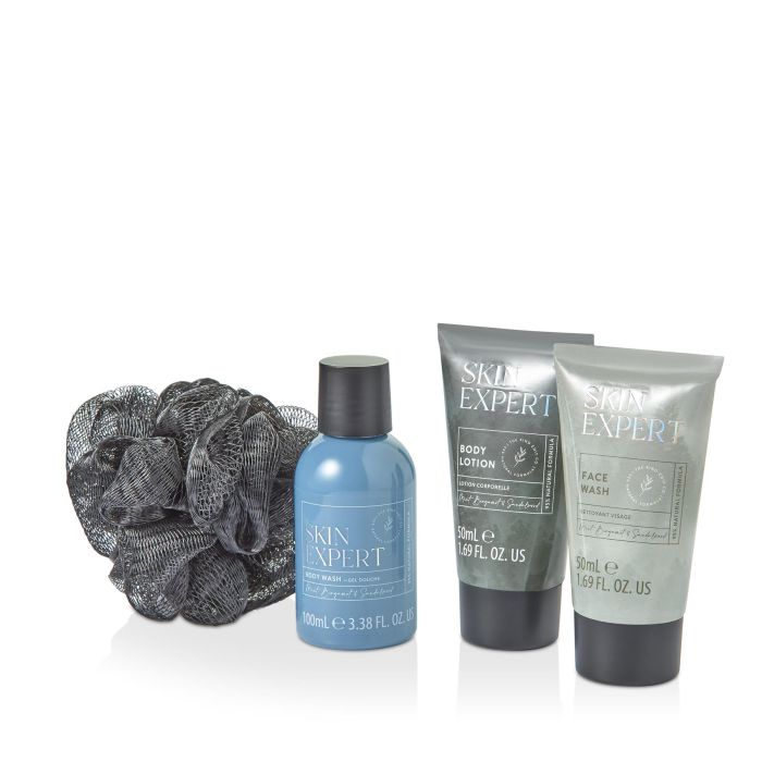 The Kind Edit Co. Skin Expert Travellers Bag Gift Set – 100ml Body Wash, 50ml Body Lotion, 50ml Face Scrub & Shower Flower